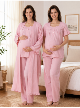 Effort Pudra Müslin Kumaş %100 Pamuk Hamile Lohusa Pijama Takımı Sabahlık 3084